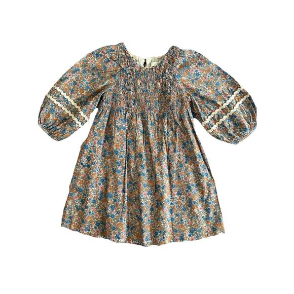 Zara Other - Zara Girls Floral Smocked Dress Wavy Trim Puff Sleeved Cotton Multicolored Sz 4